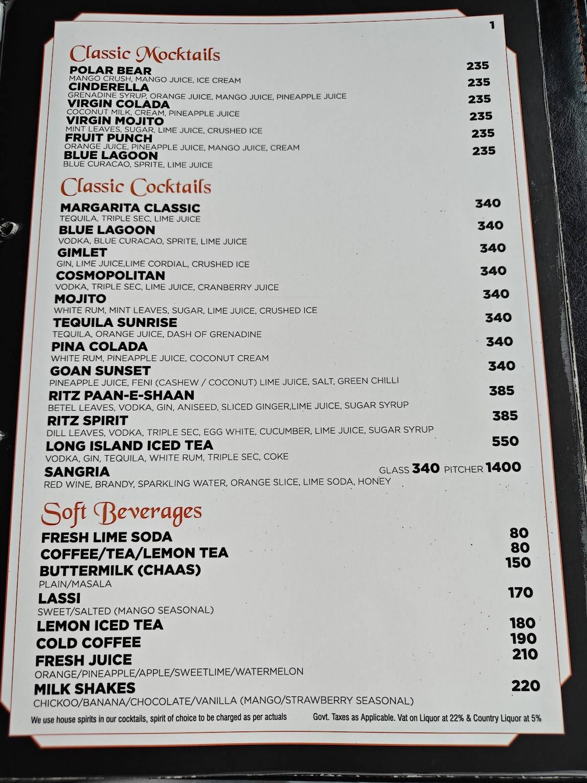 Ritz Classic Mall De Goa menu