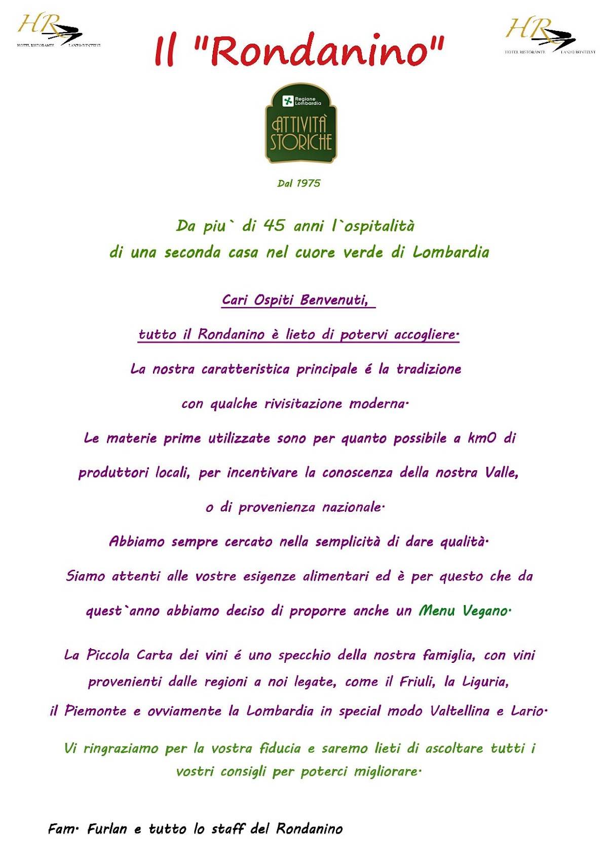 Menu di "Rondanino" Ristorante Hotel 