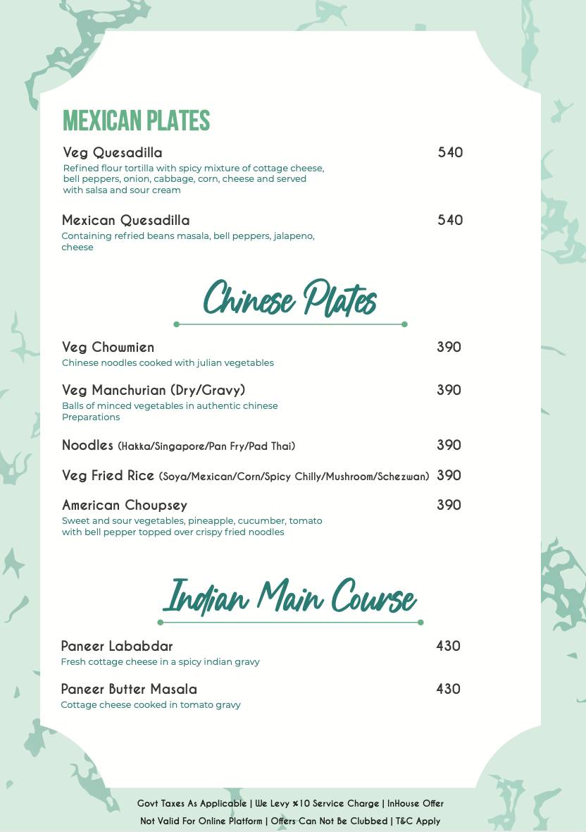 SKYBEACH - ROOFTOP RESTRAUNT LOUNGE & BAR IN JAIPUR menu