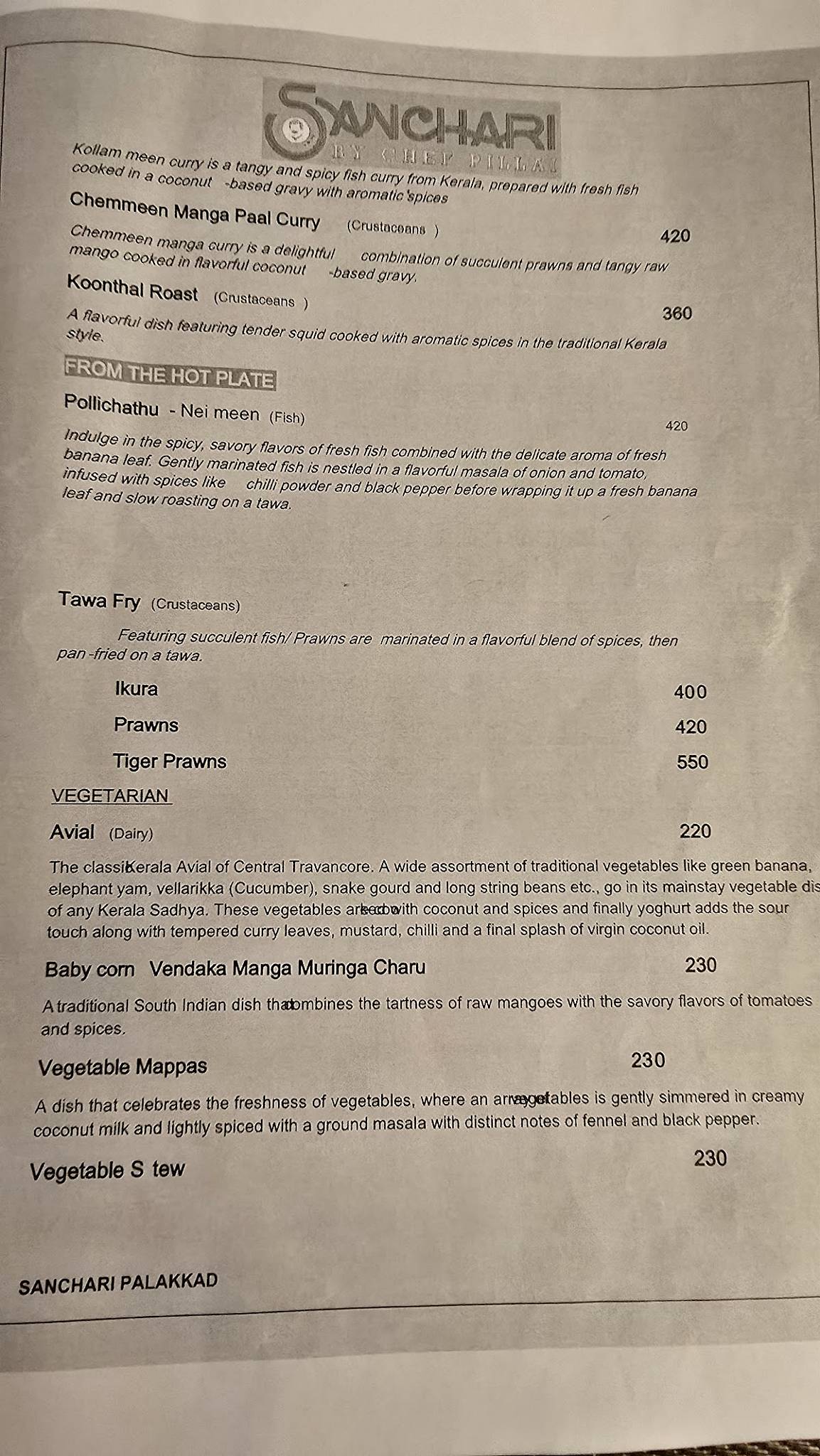 Sanchari by Chef Pillai Palakkad menu