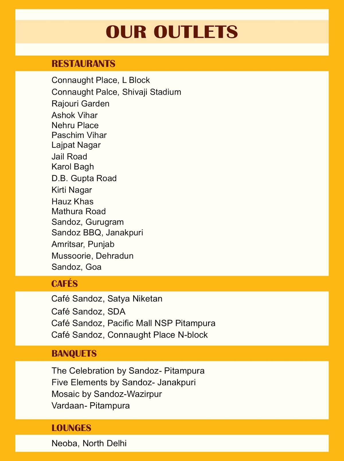 Sandoz Restaurant - Paschim Vihar menu