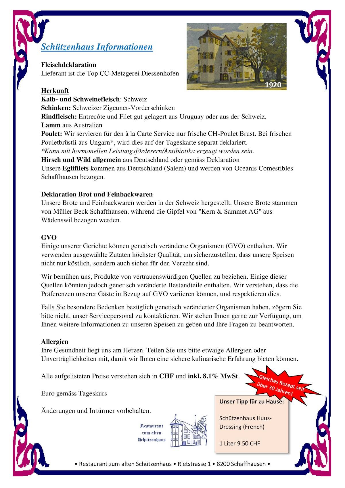 Menu di Schweizer Küche Events Restaurant Zum Alten Schützenhaus 