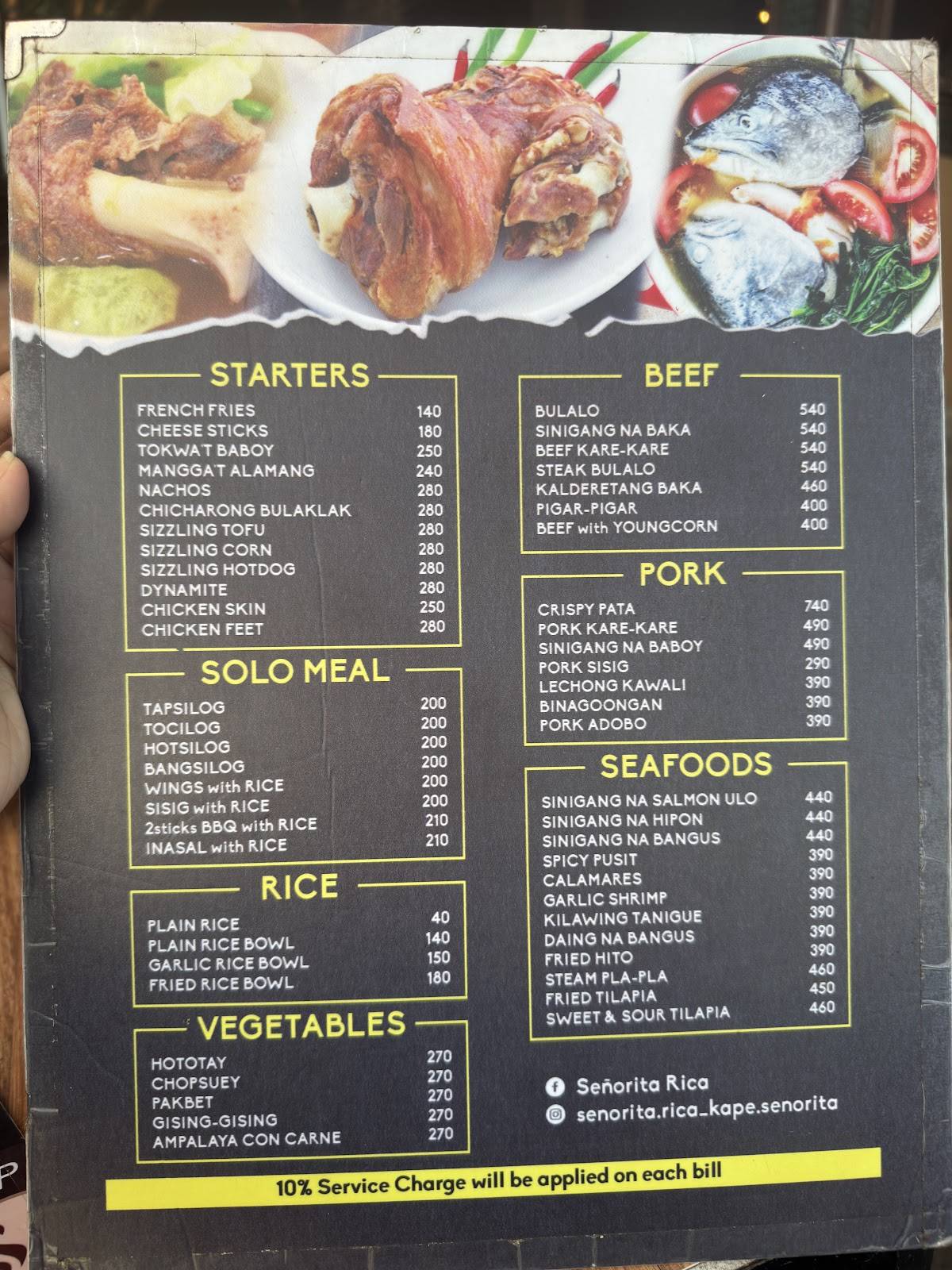 Menu at Señorita Rica restaurant, Antipolo, 23 Sumulong Hwy