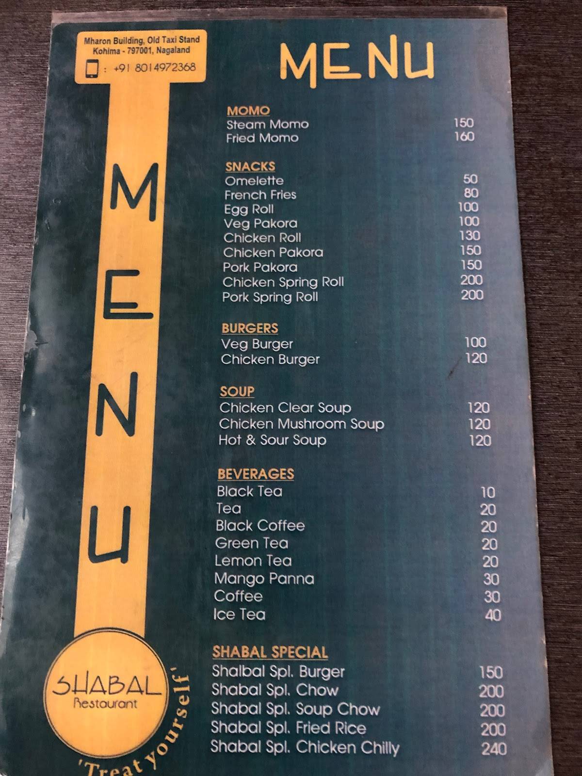Shabal Restaurant menu