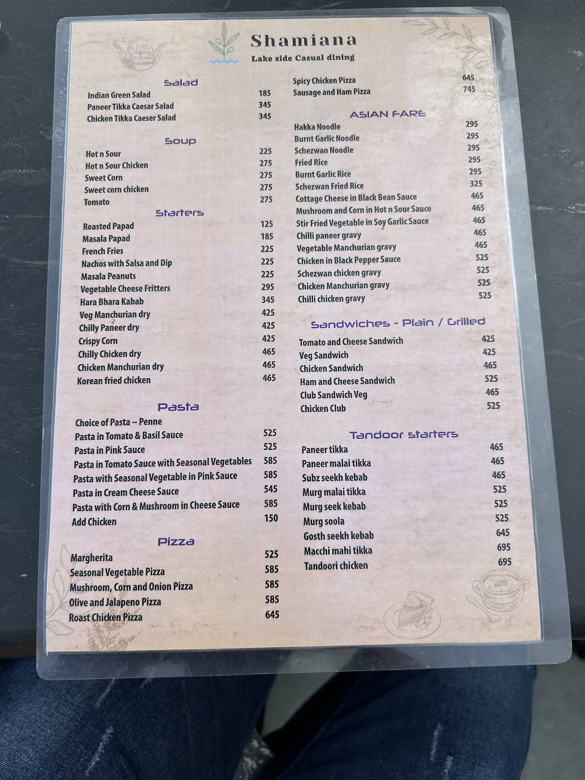 Shamiana Roof Top Restaurant & Lounge menu