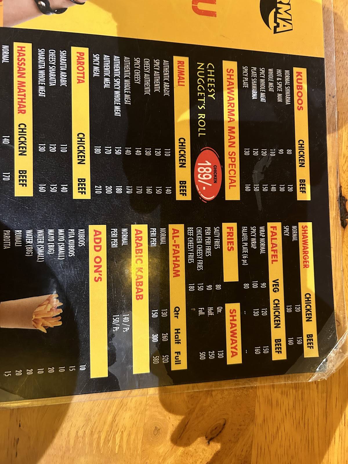 Shawarma man menu