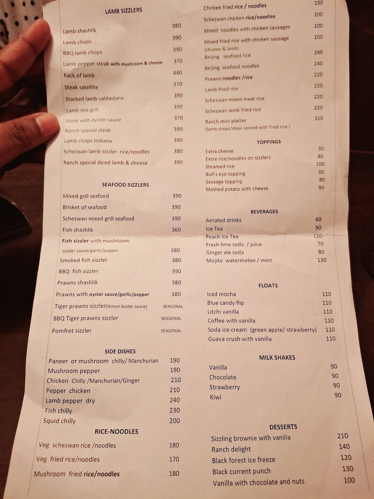 Sizzler Ranch Lal Bagh menu