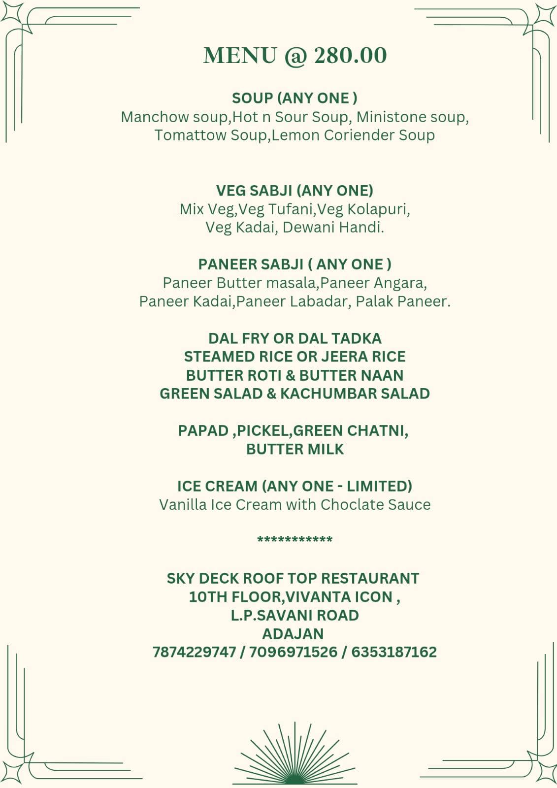 Skydeck - Rooftop Multi Cusin Restaurant menu