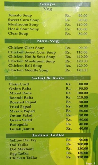 Skygreen Rooftop Restaurant menu