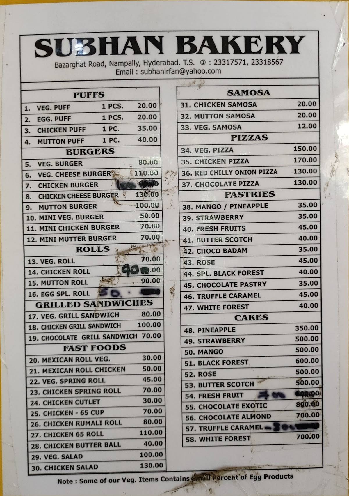Subhan bakery menu
