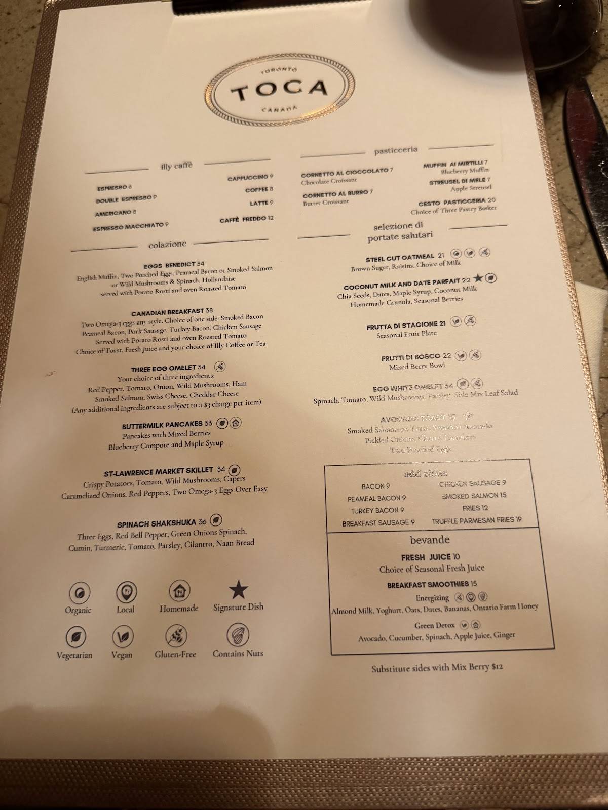 Menu de TOCA - Ritz Carlton Toronto