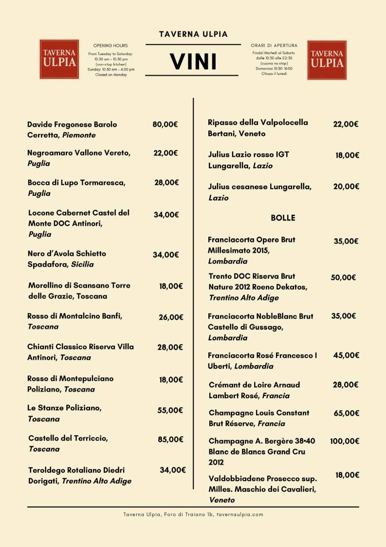 Menu di Taverna Ulpia 