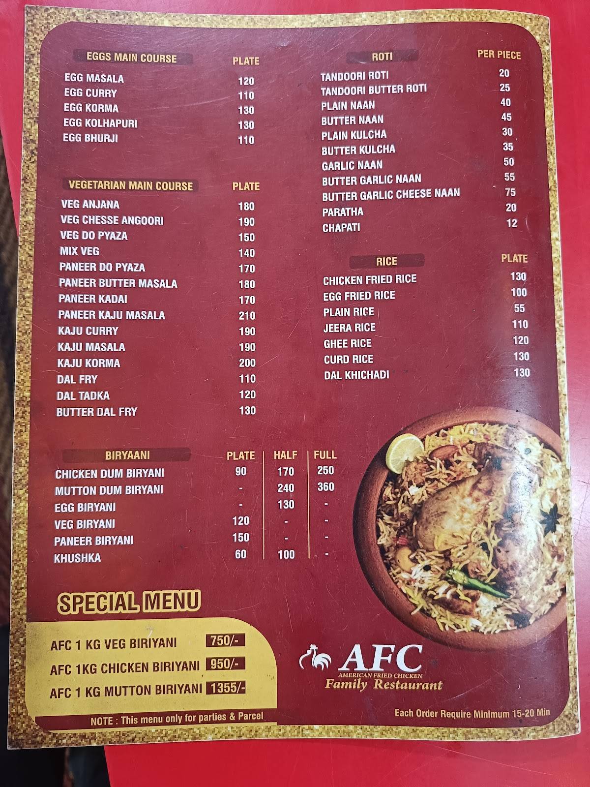 AFC - Arabian Fried Chicken Family Restaurant menu
