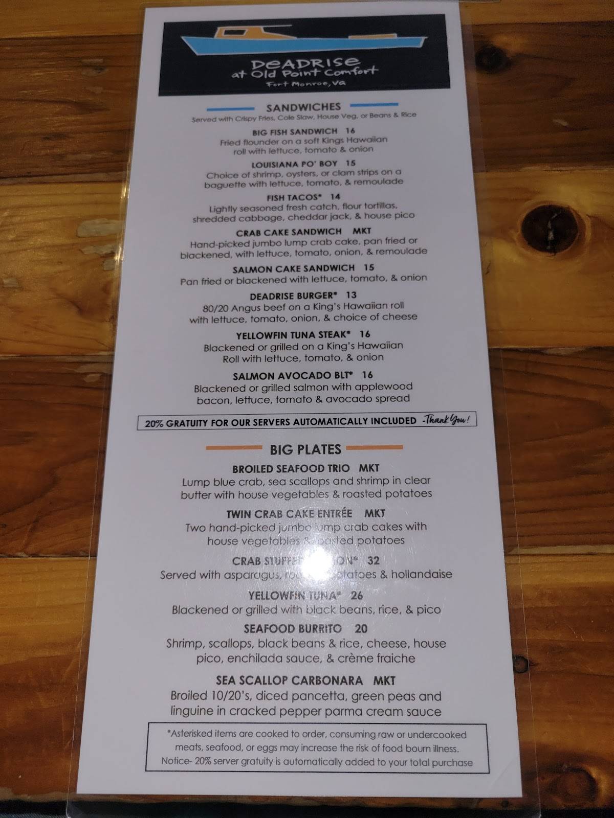 Menu at The Deadrise restaurant, Hampton, 100 McNair Dr