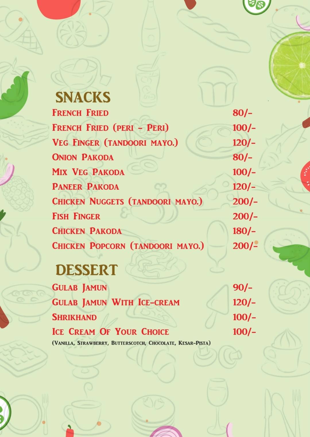 The Garden Cafe & Restaurant (A unit of KVS hospitality) menu