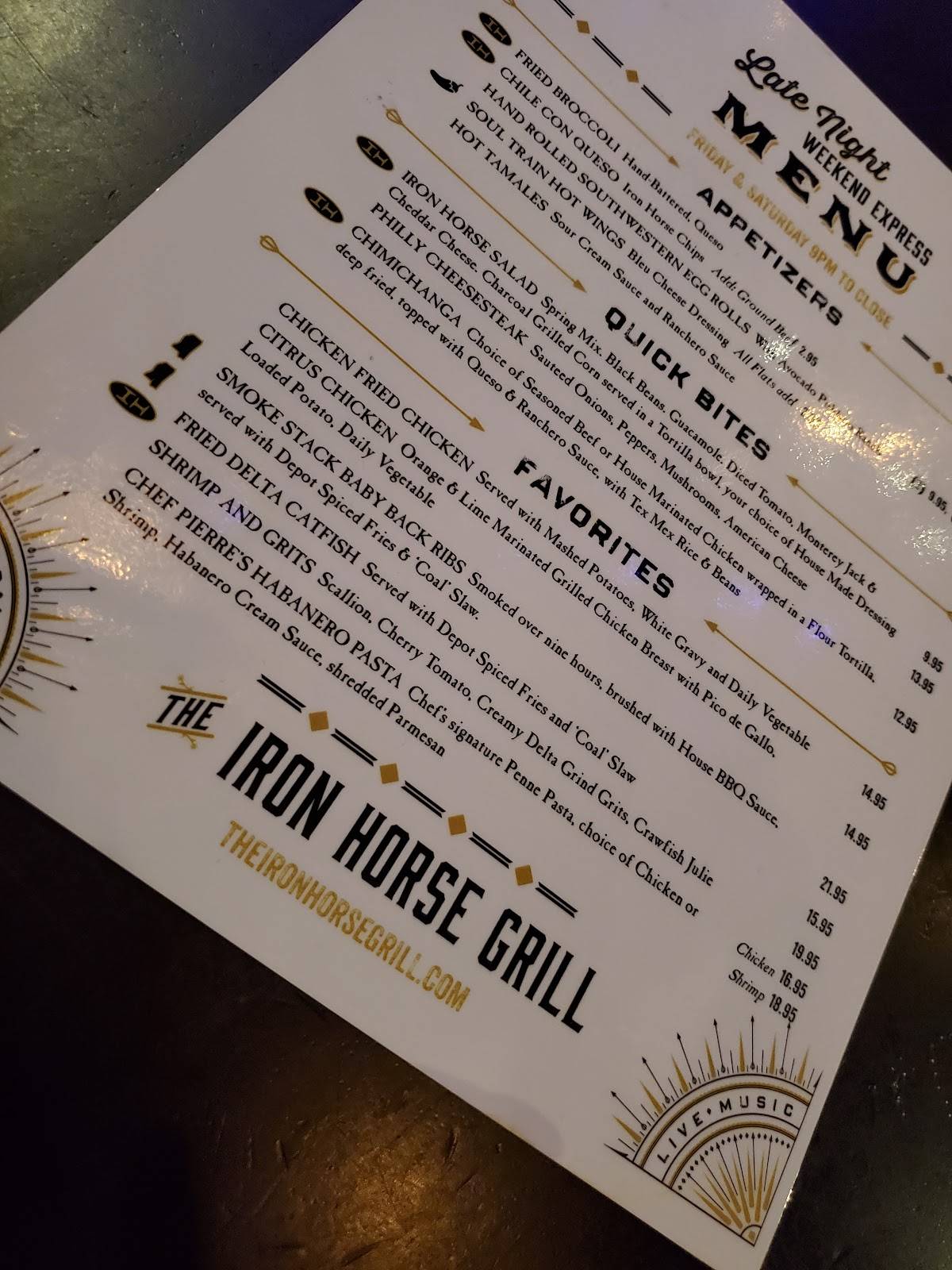 Menu at The Iron Horse Grill restaurant, Jackson
