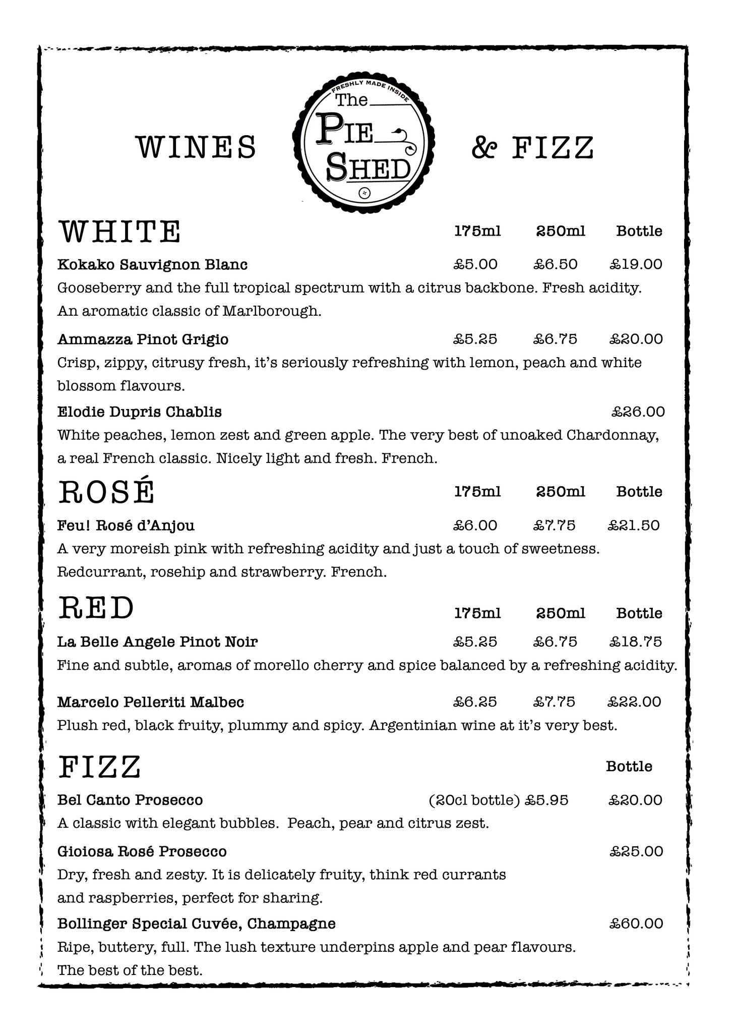 Menu at The Pie Shed Mirfield cafe, Mirfield