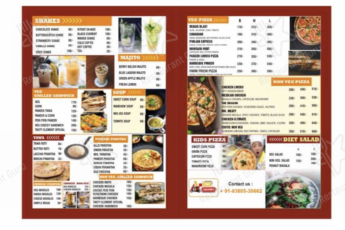 The Tasty Element menu - meals and drinks