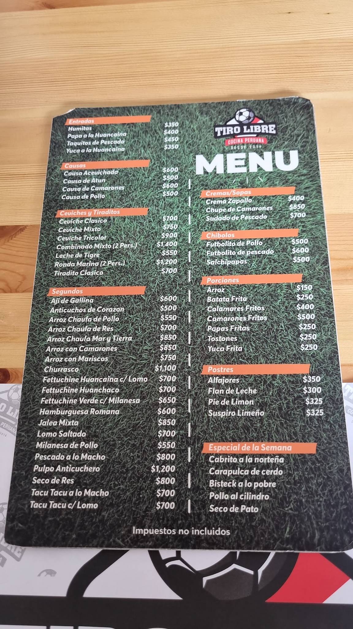 Menu at Tiro Libre restaurant, Santo Domingo, C. Lorenzo Despradel