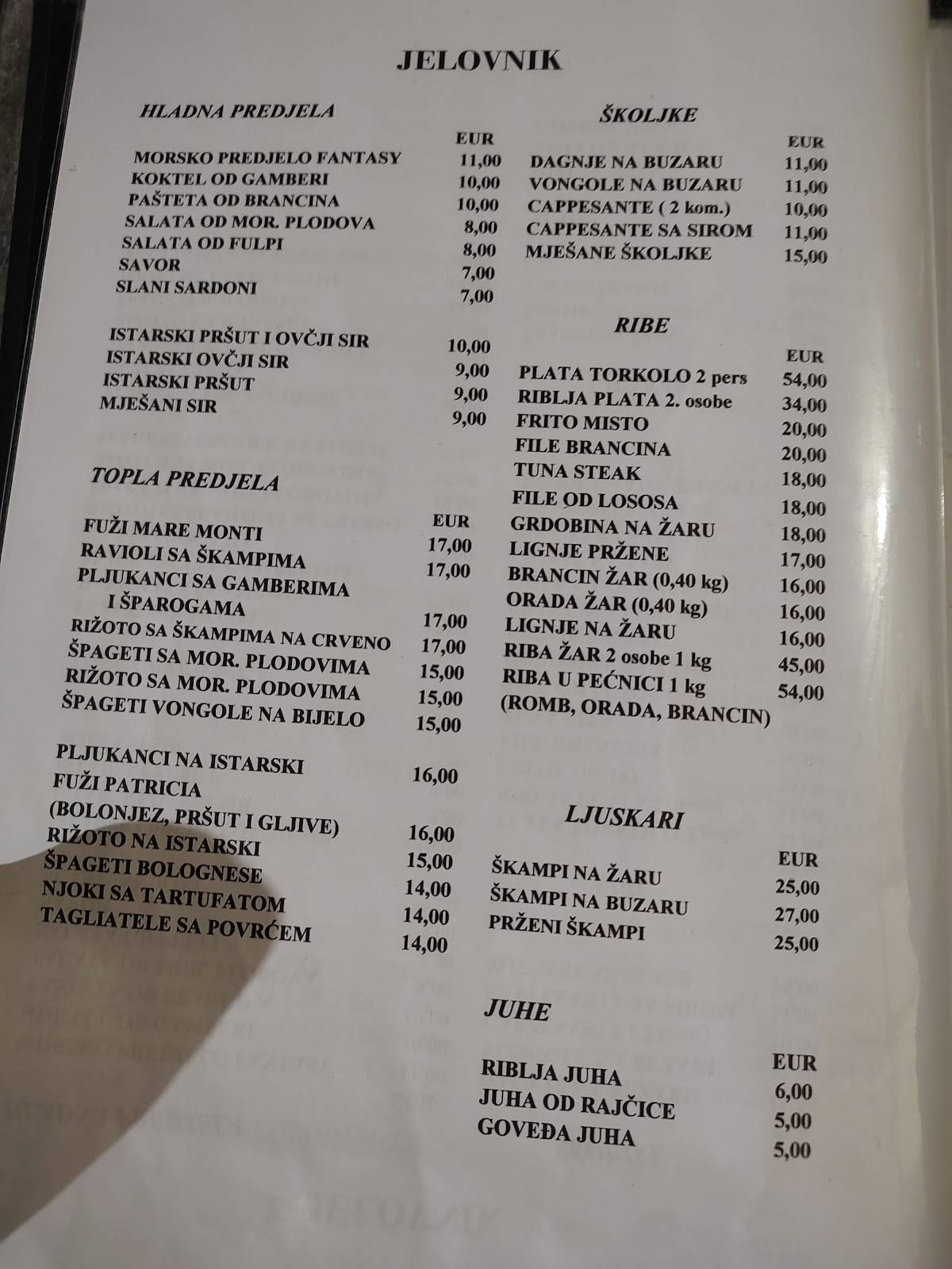 Menu di Torkolo restaurant 