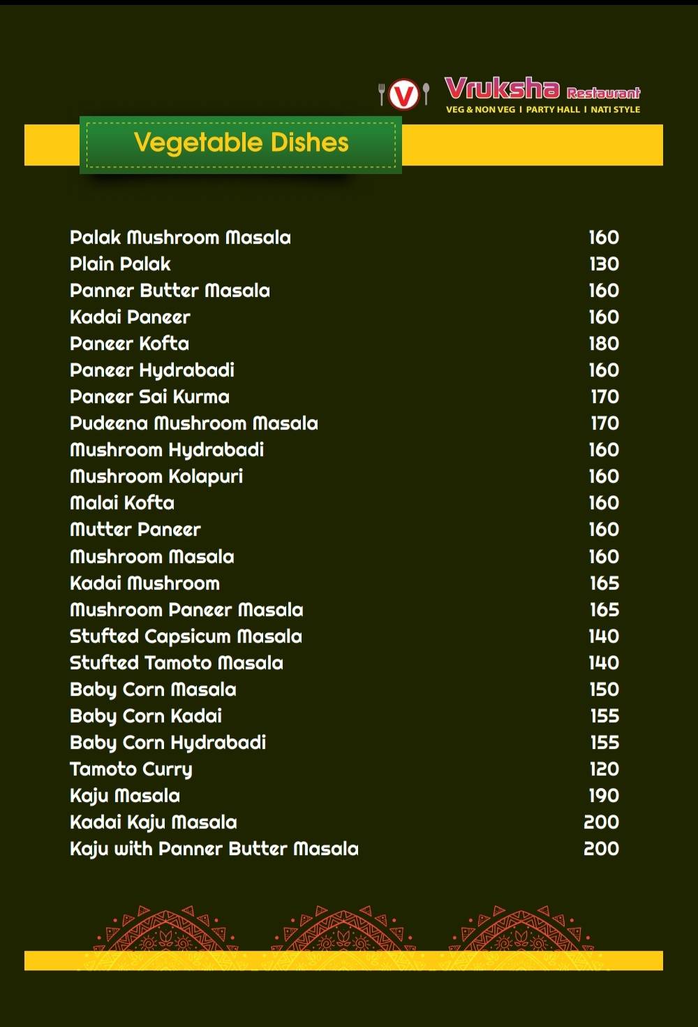 VRUKSHA RESTAURANT menu