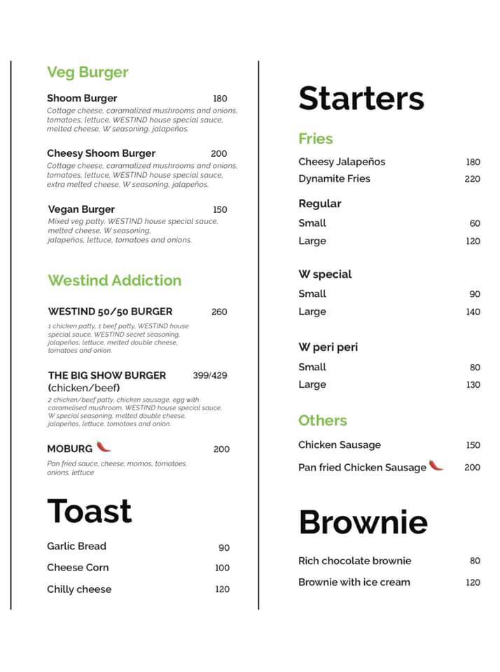 Westind Burgers menu