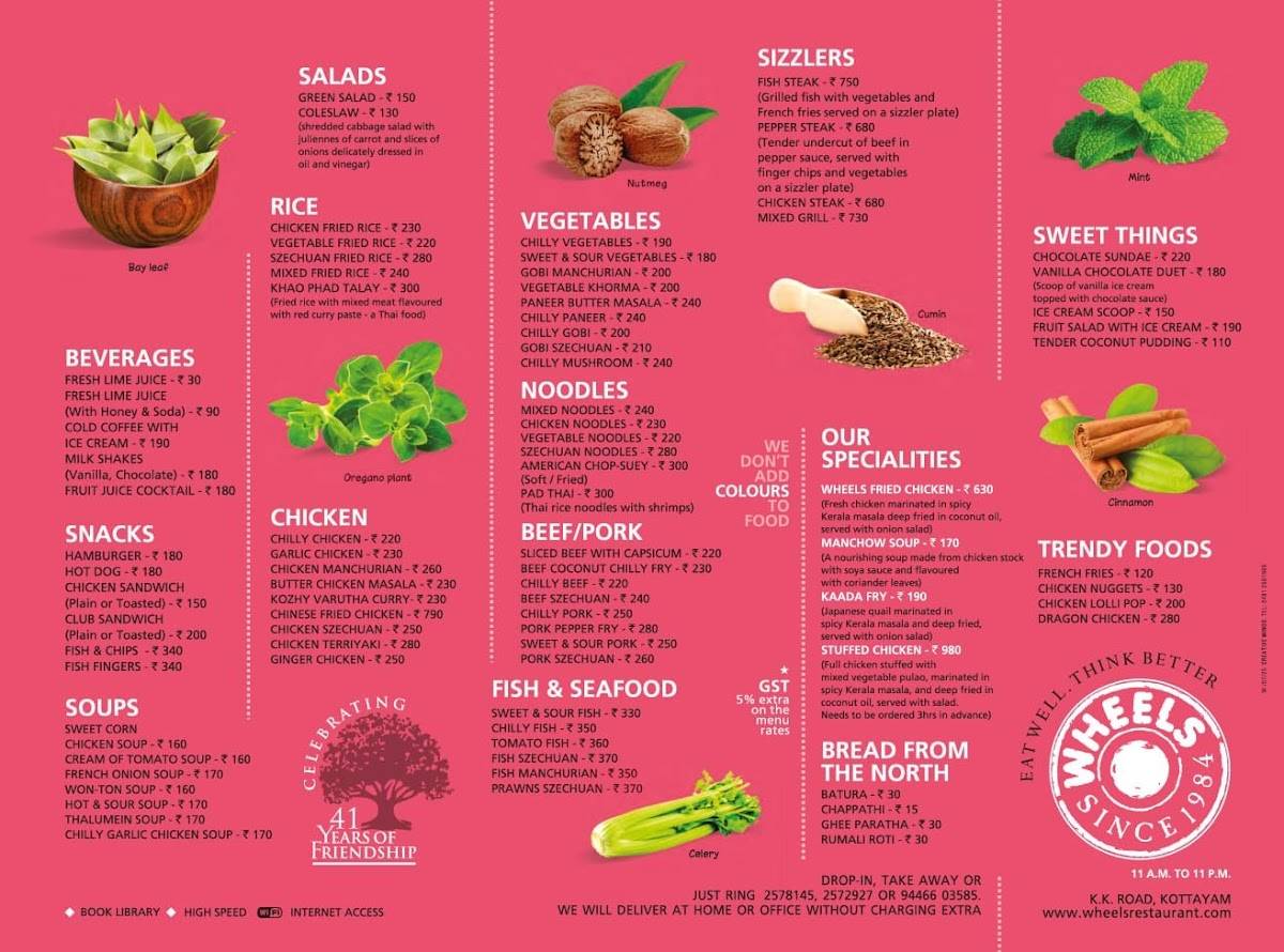 Wheels Restaurant menu
