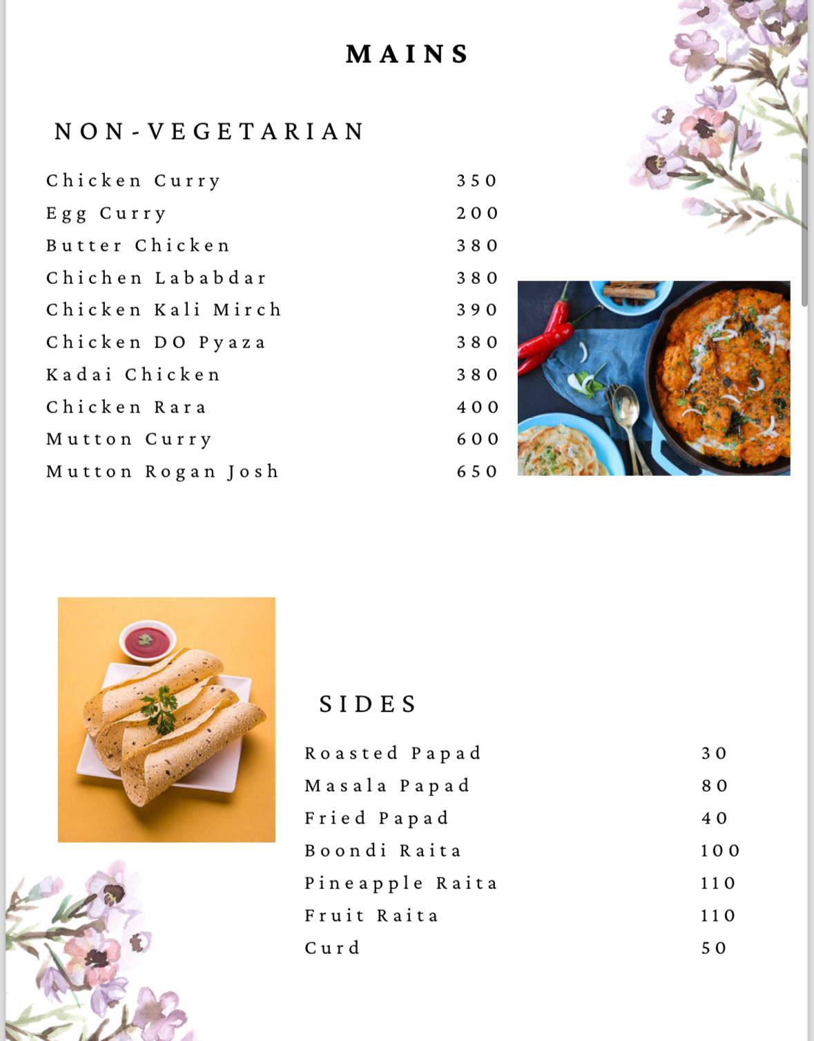 White Orchid Cafe and Restaurant menu