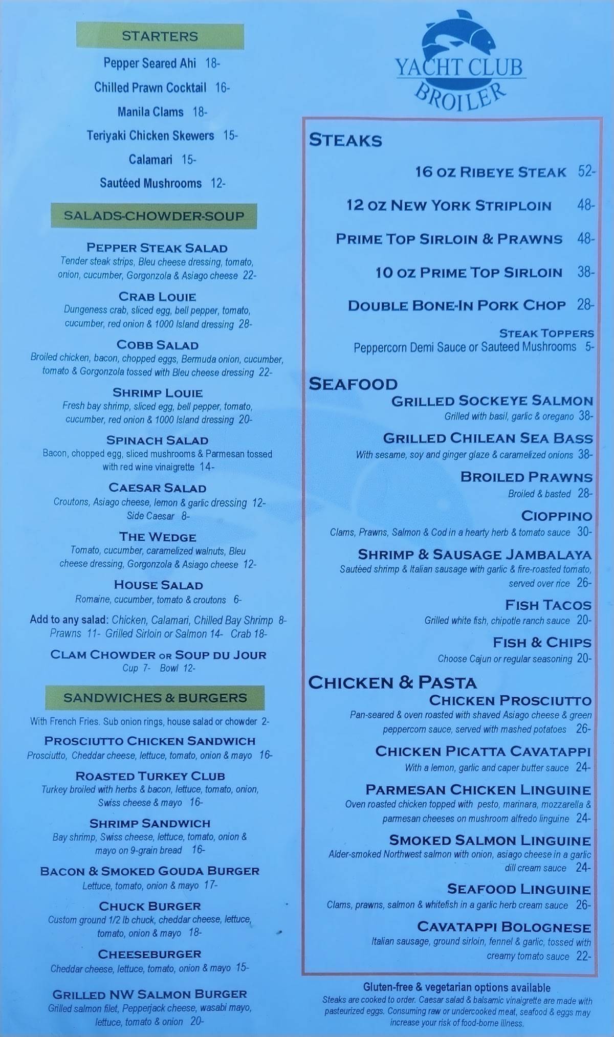 Yacht Club Broiler menu