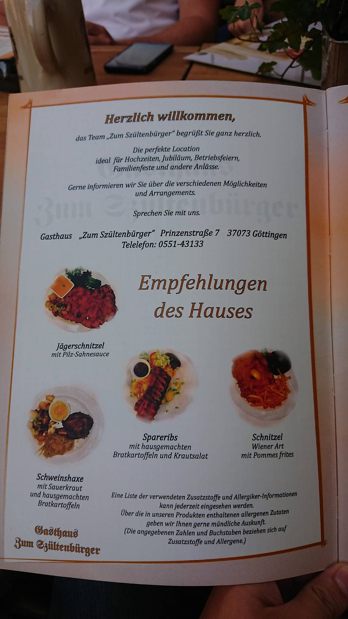 Speisekarte von Zum Szültenbürger restaurant, Göttingen