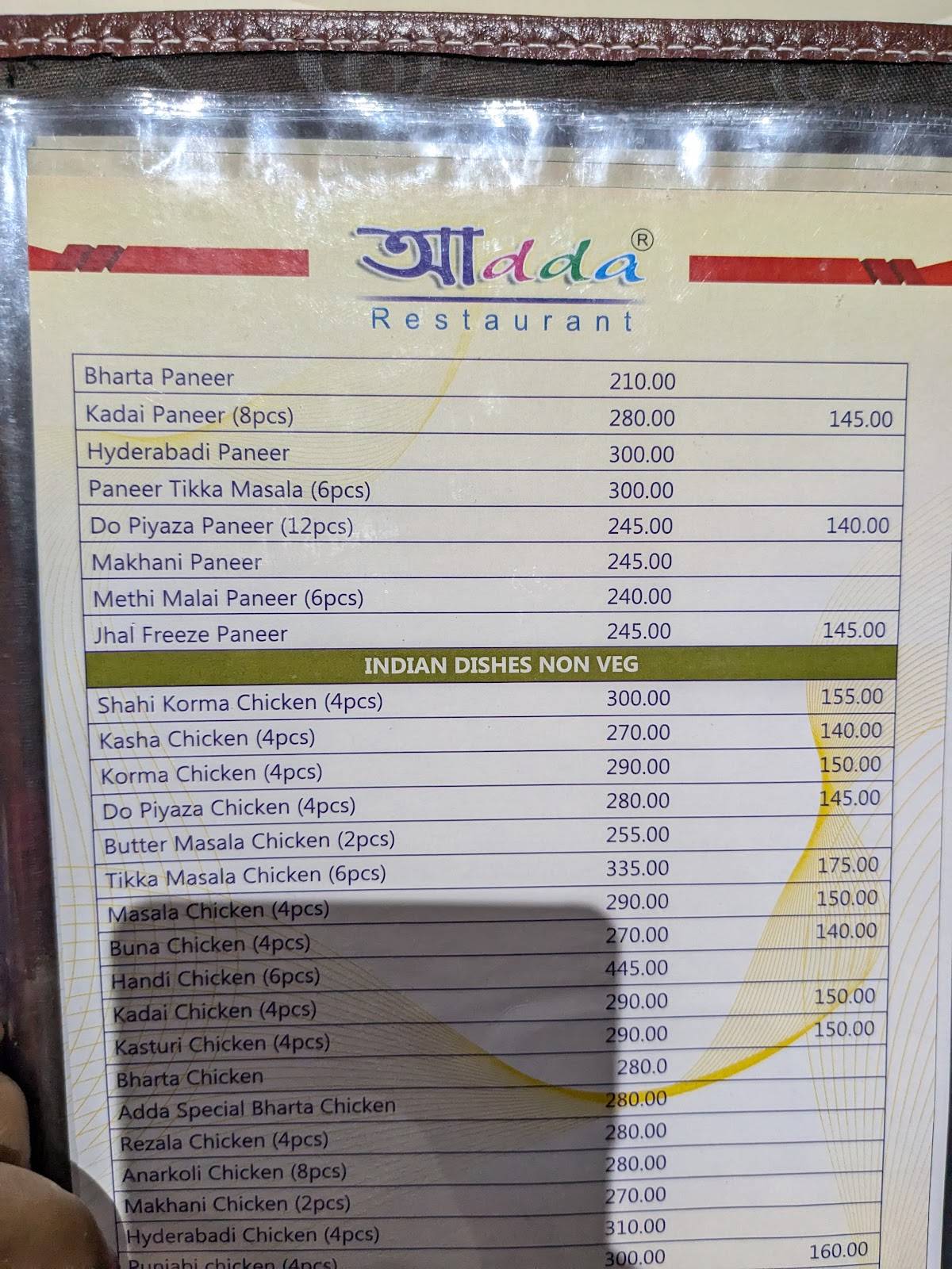 আdda Inn menu