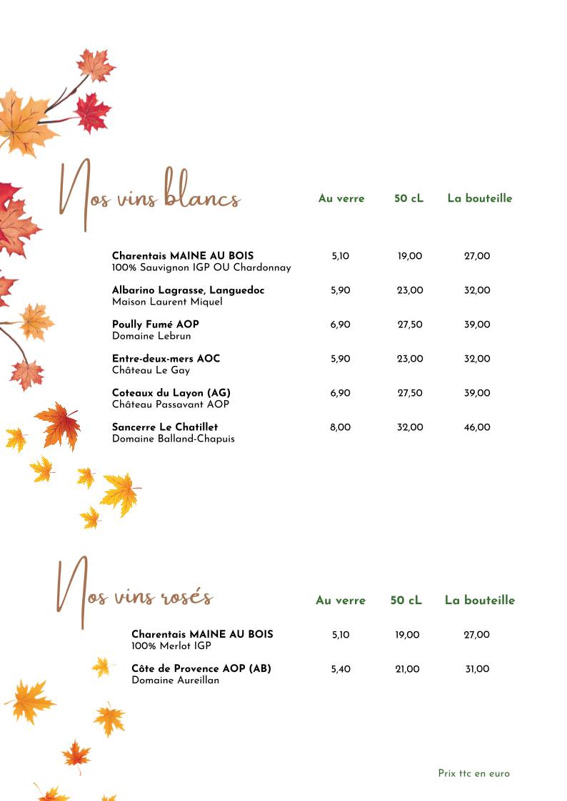 Menu de Restaurant l’Atelier