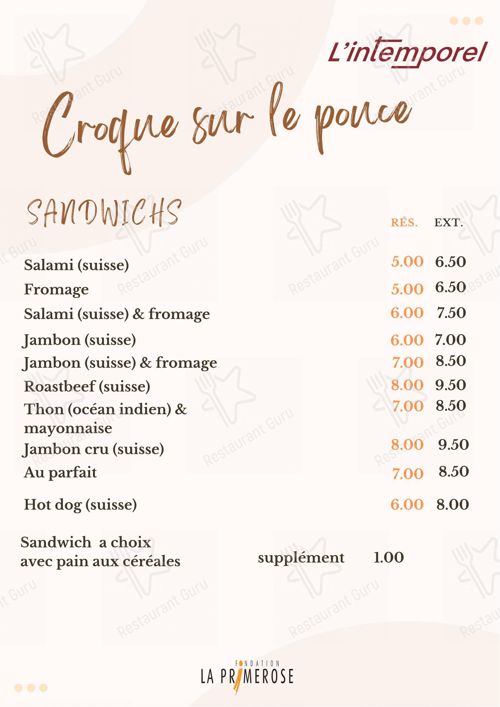 菜单 per Restaurant l'Intemporel ristorante