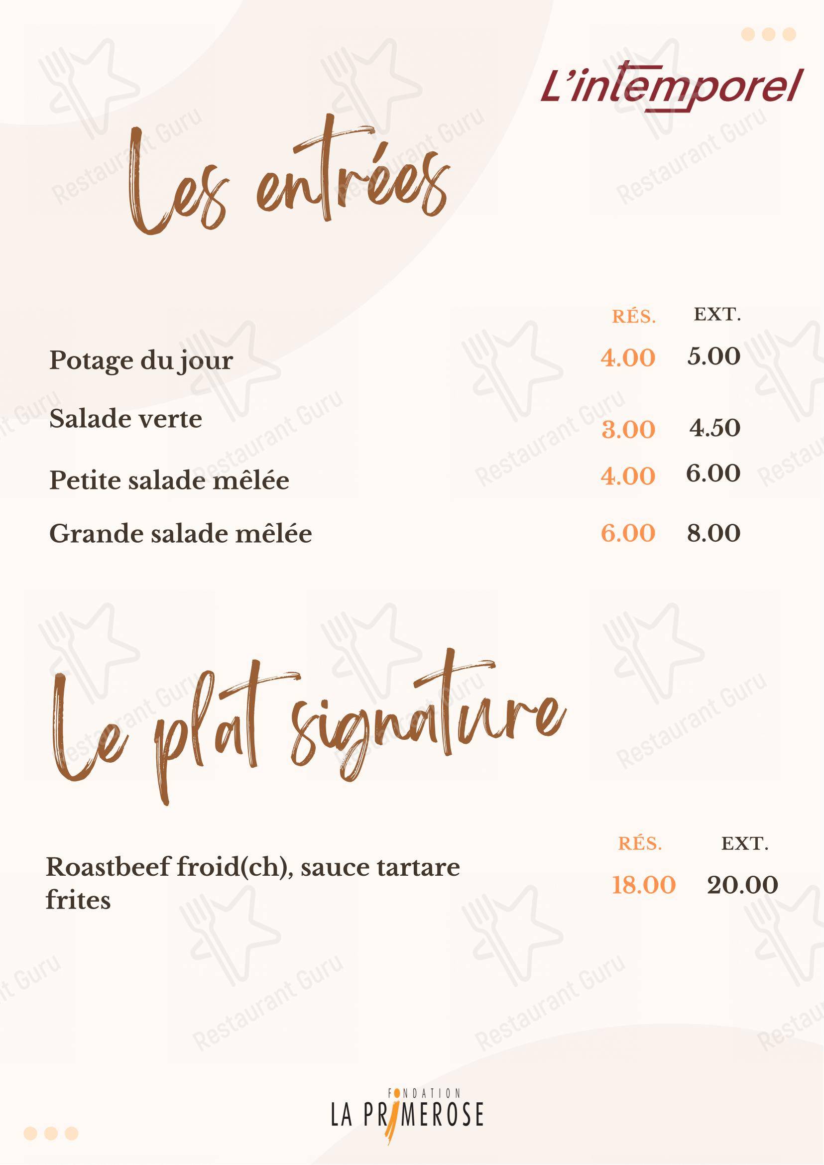 菜单 per Restaurant l'Intemporel ristorante