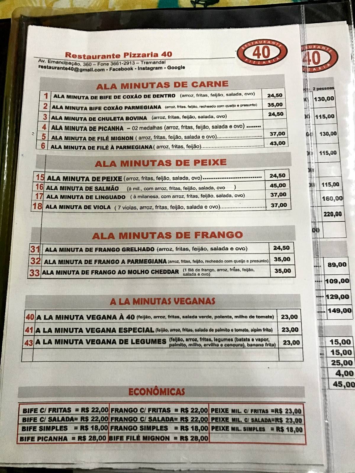 Restaurante 40 cardápio