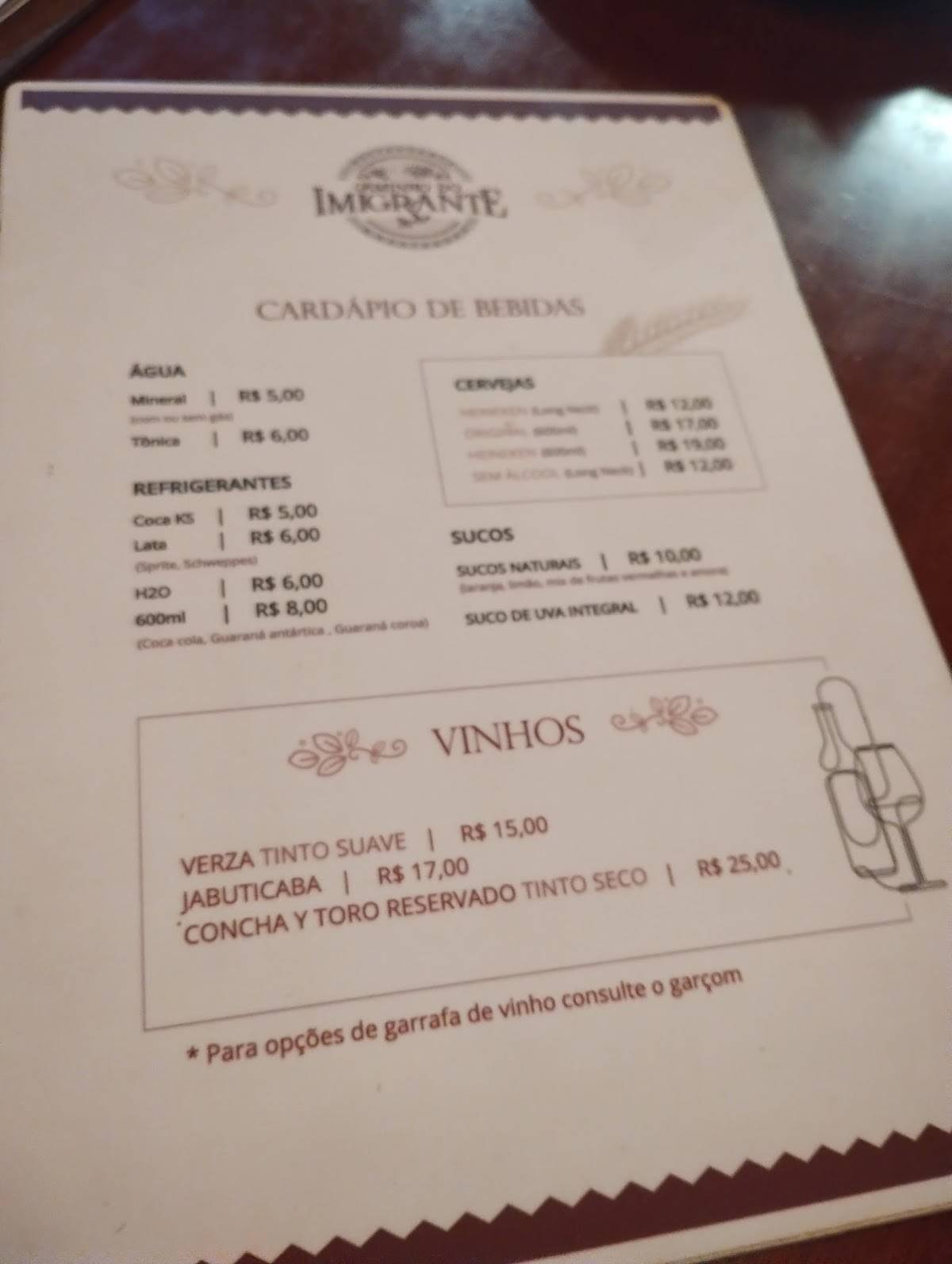 Restaurante Caminho do Imigrante cardápio