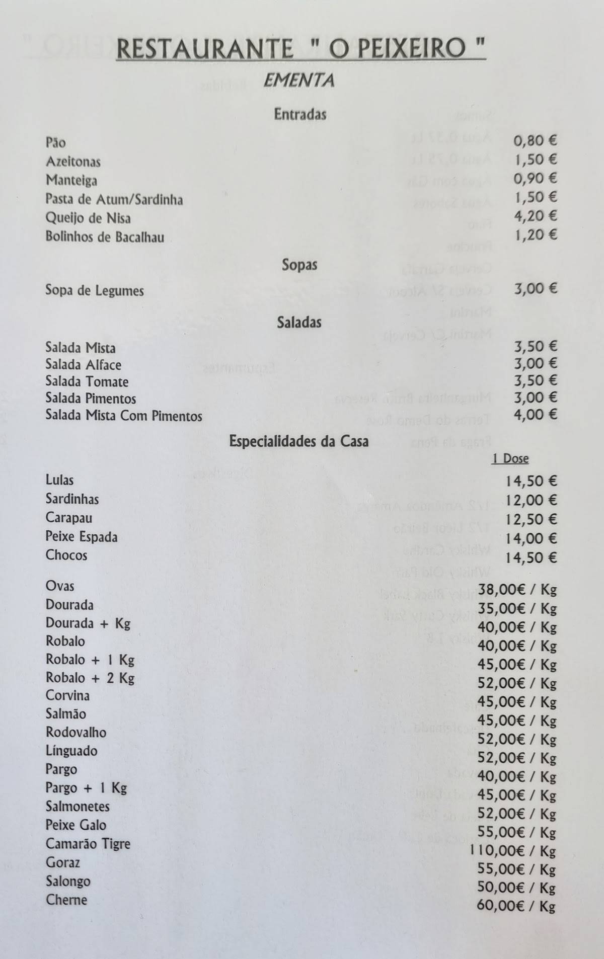 Menu em Restaurante O Peixeiro, Espinho