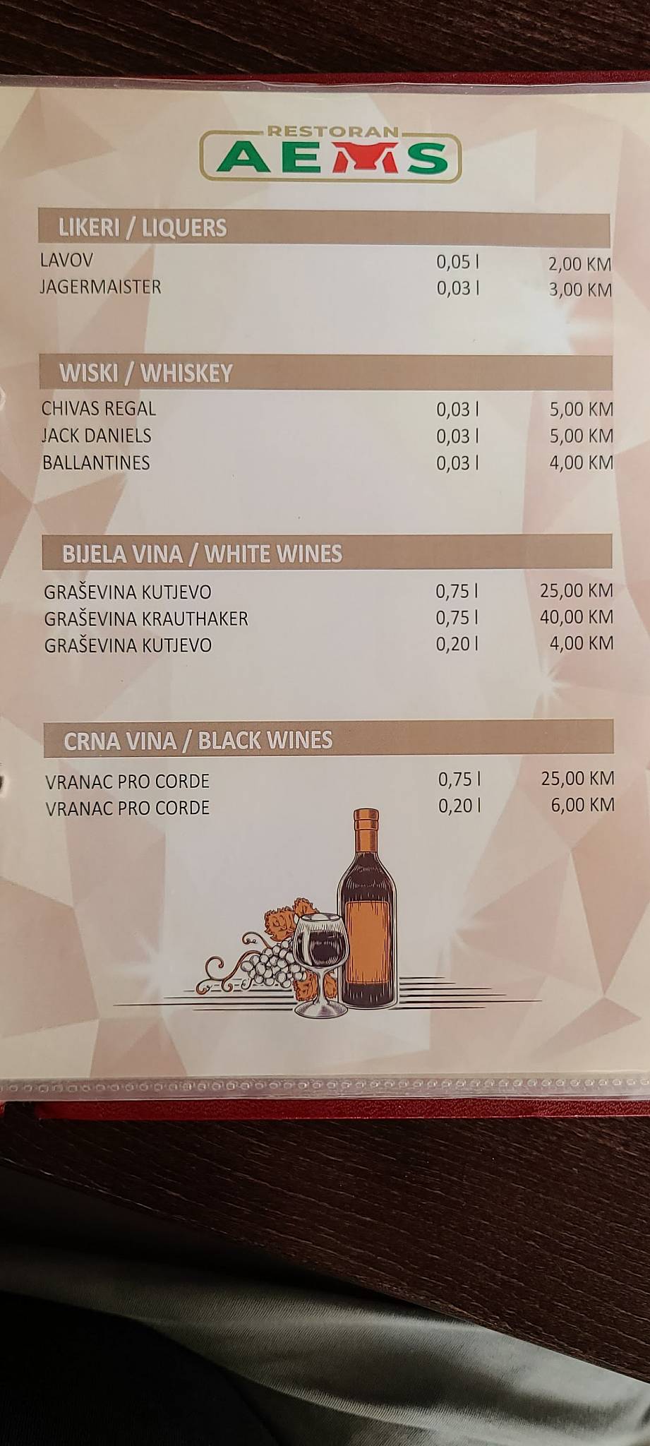 Menu at AEMS restaurant, Ilidža