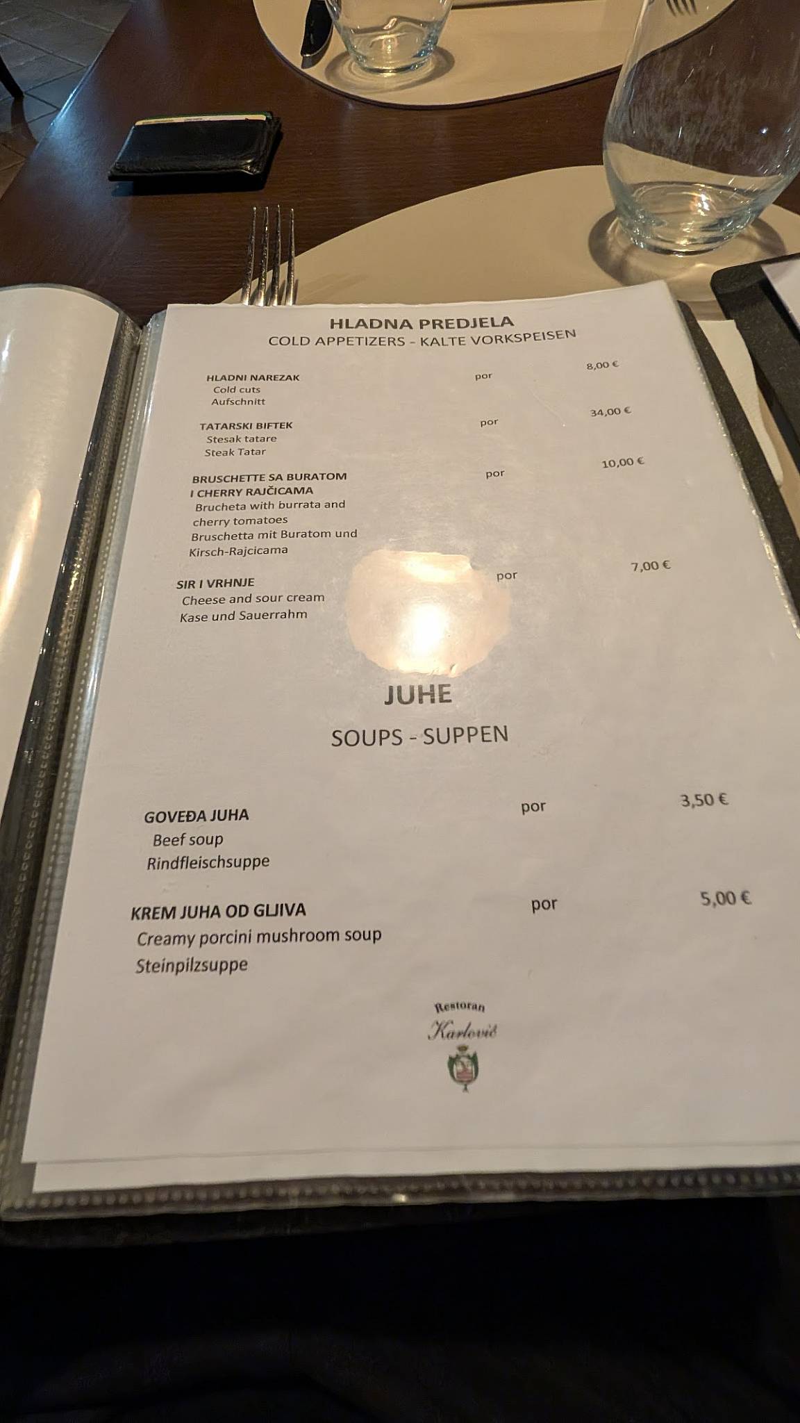 Menu di Restoran Karlović- “Samoborska klet” 