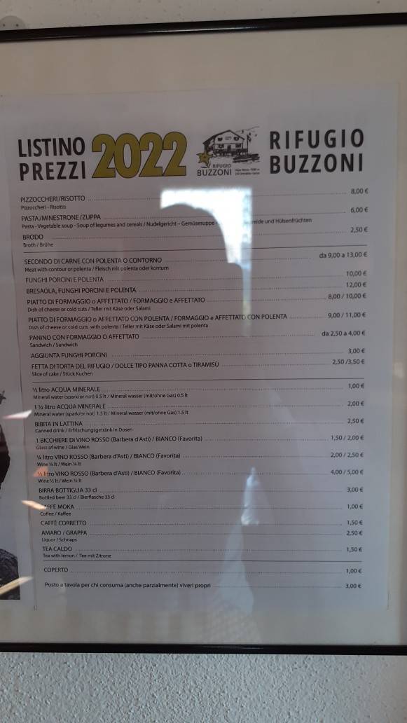 Menu de Rifugio Buzzoni