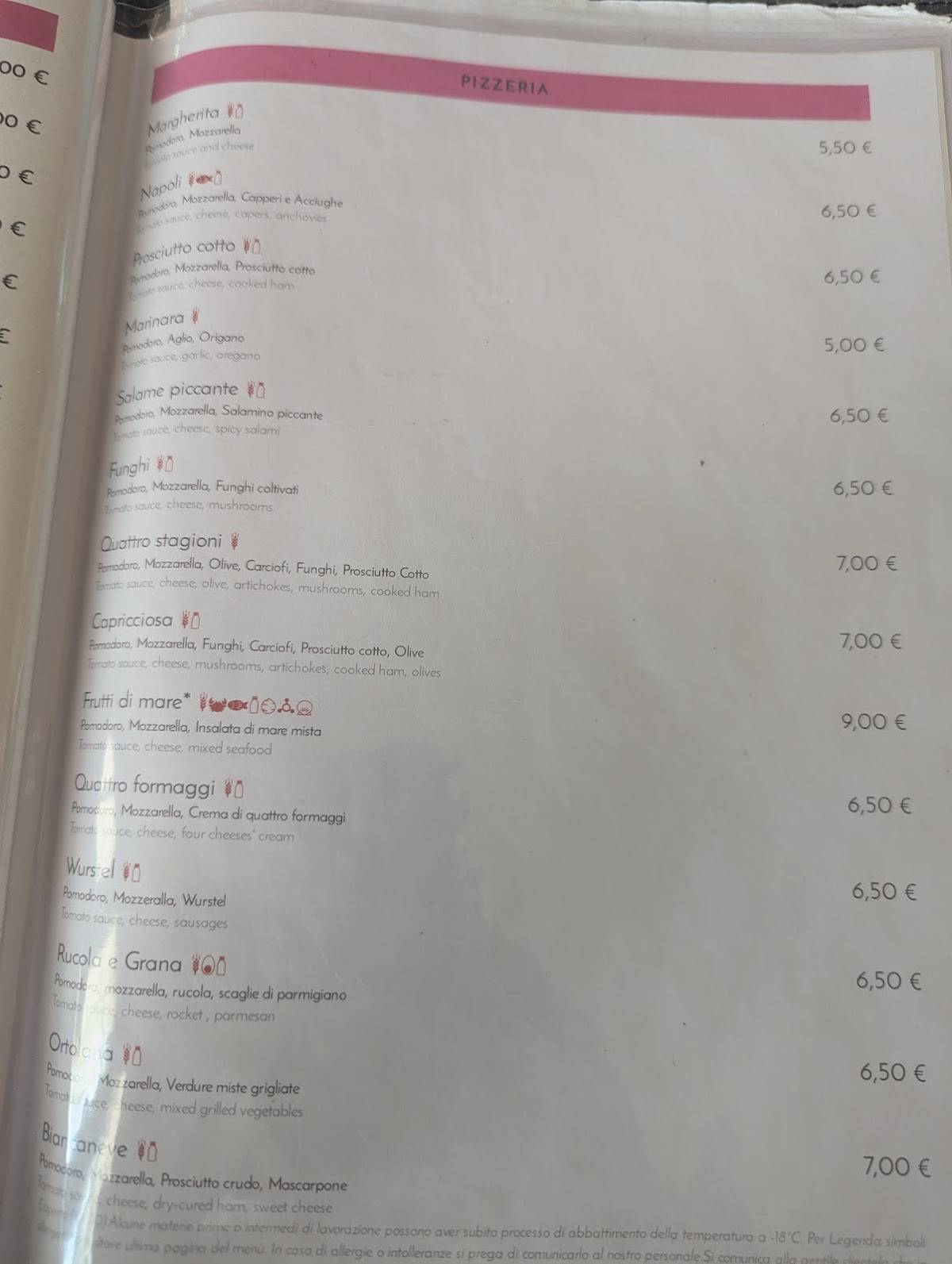 Menu di Ristorante Pizzeria Da Pinzo 