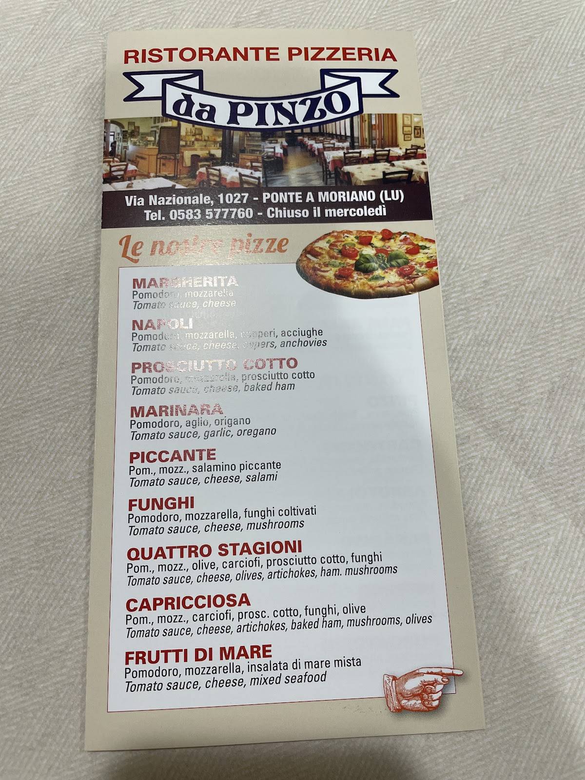 Menu di Ristorante Pizzeria Da Pinzo 
