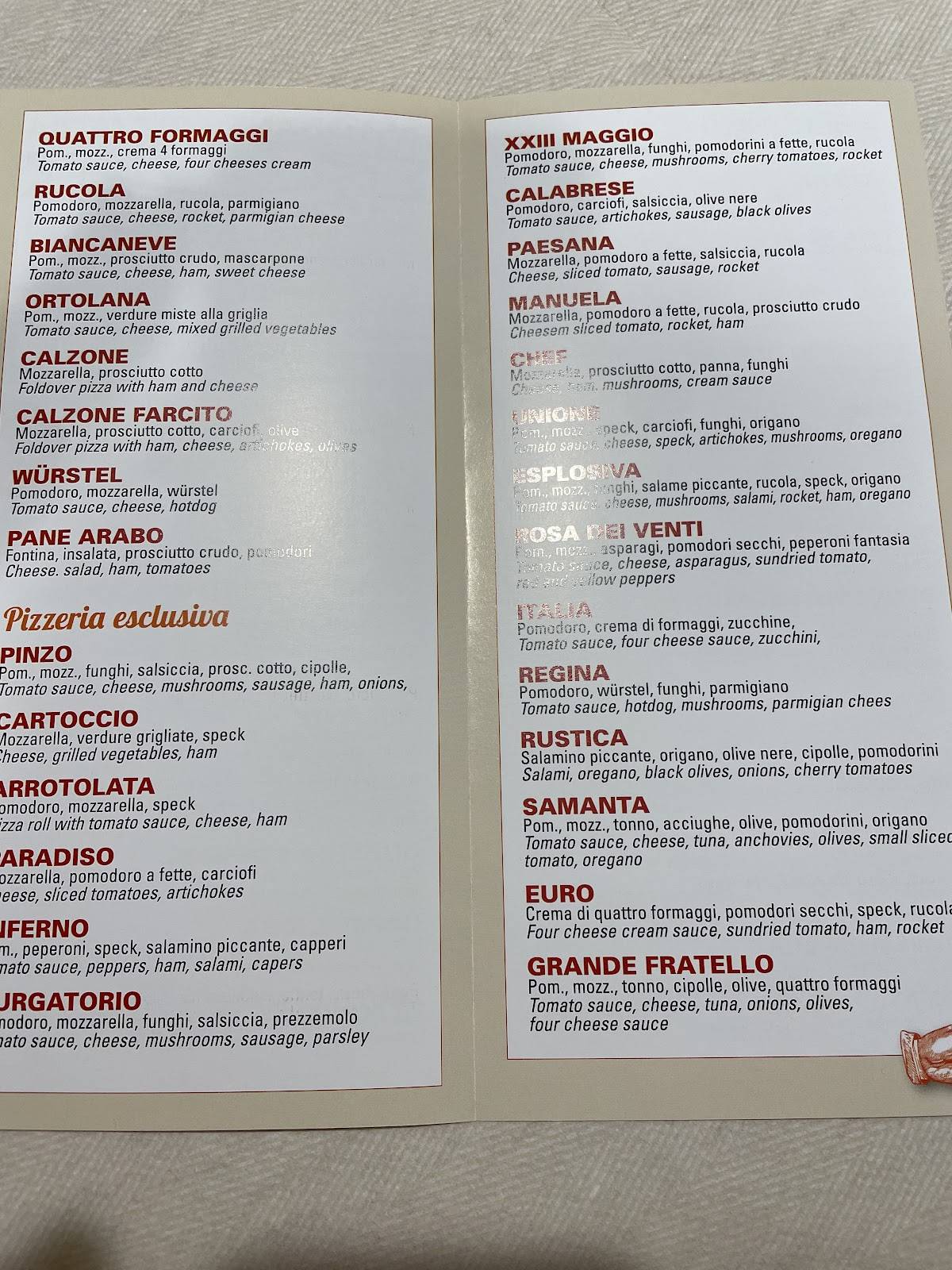 Menu di Ristorante Pizzeria Da Pinzo 