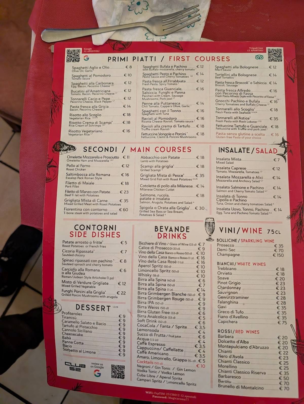 Menu di Ristorante pizzeria Forno a Legna 12 apostoli 