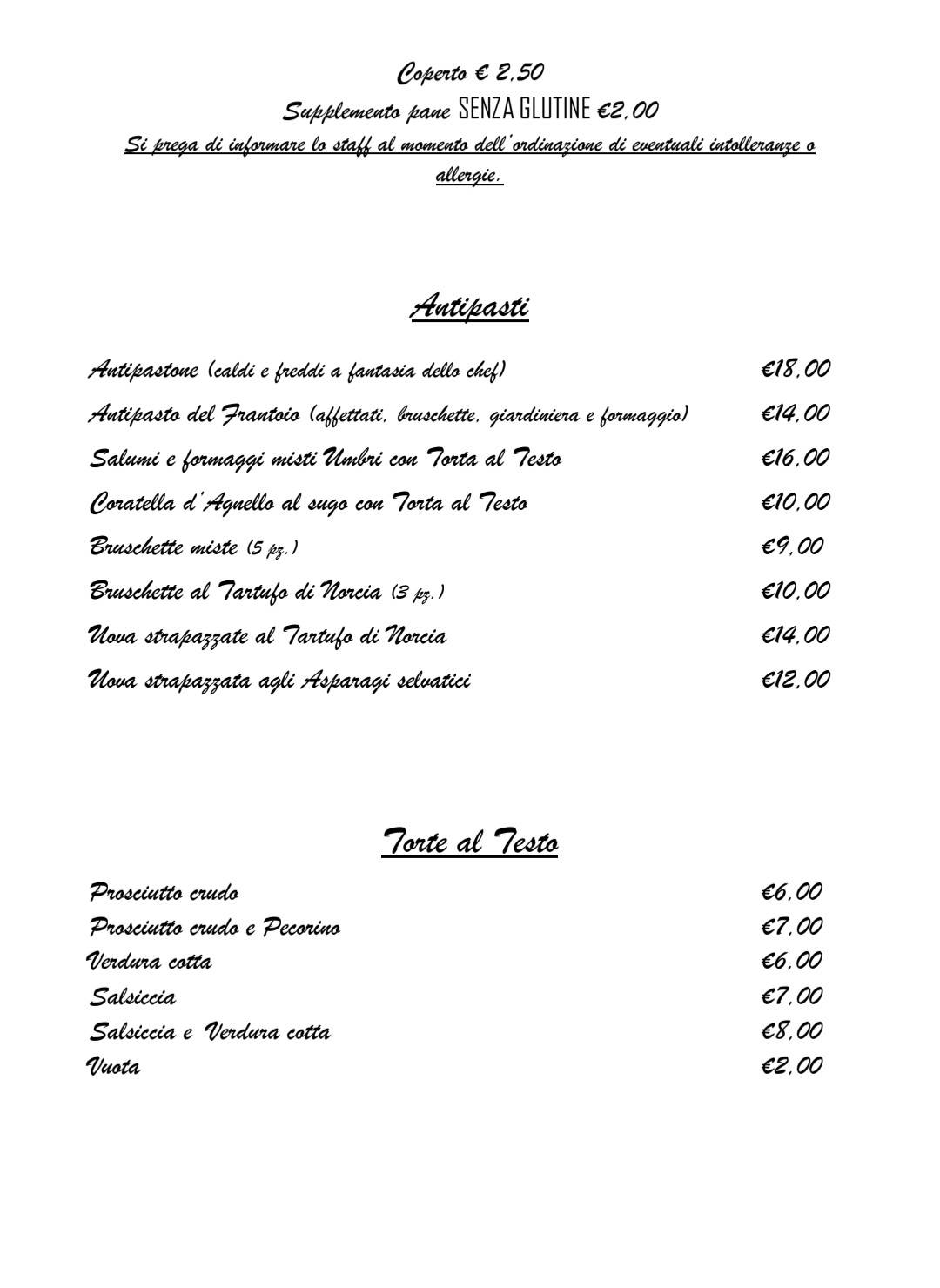 Menu di Ristorante Pizzeria Il Frantoio 