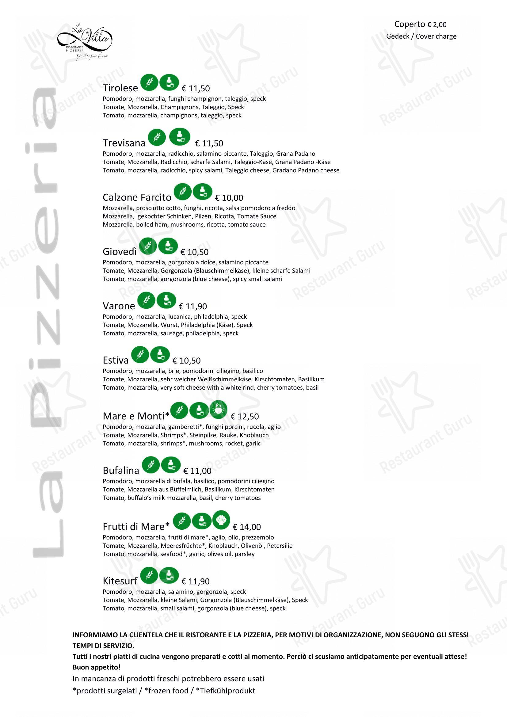 Menu bar per Ristorante Pizzeria La Villa ristorante