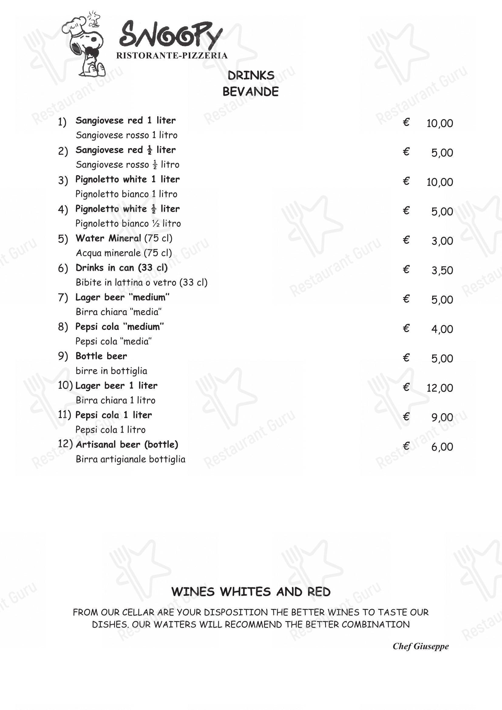 Menu bar per Ristorante pizzeria Snoopy pizzeria