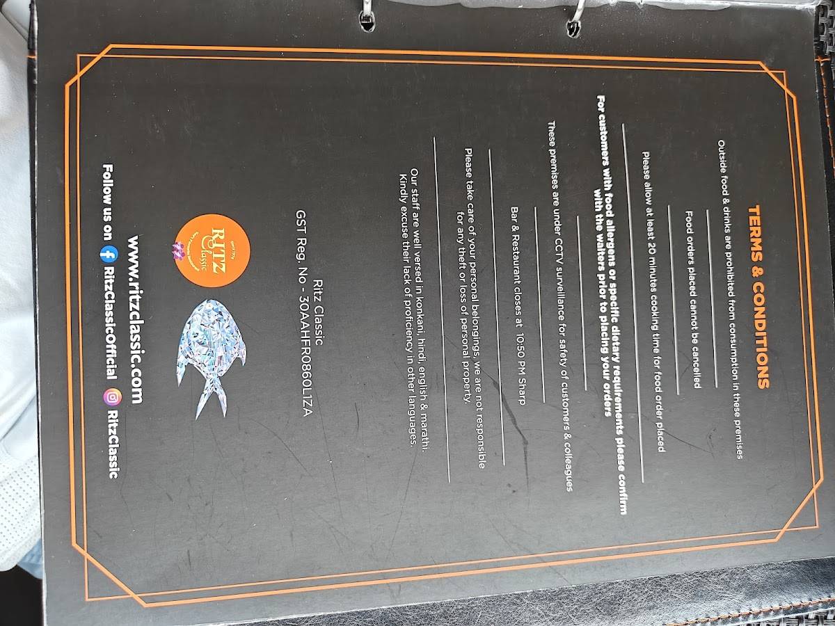 Ritz Classic Mall De Goa menu
