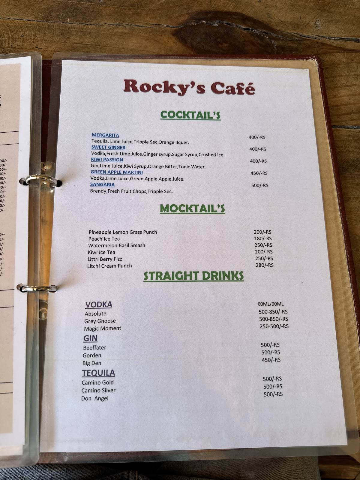 Rocky's Cafe menu