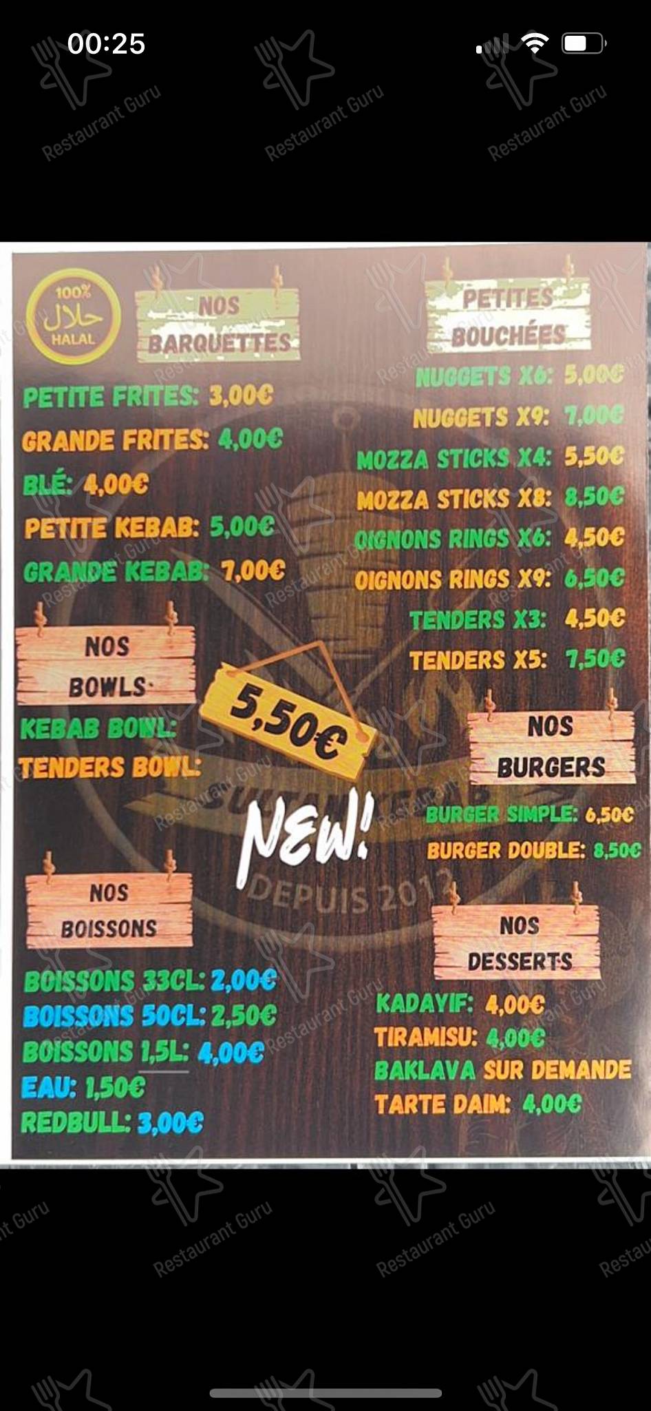 Menu pour Sultan Kebab - repas et boissons